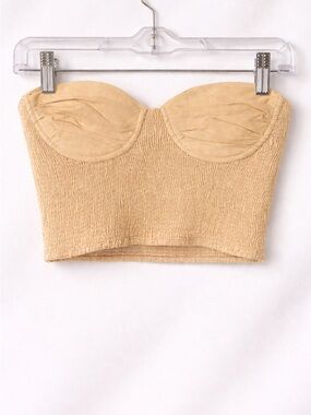 ZARA Tan Strapless Smocked Bustier Crop Top Boho Festival M